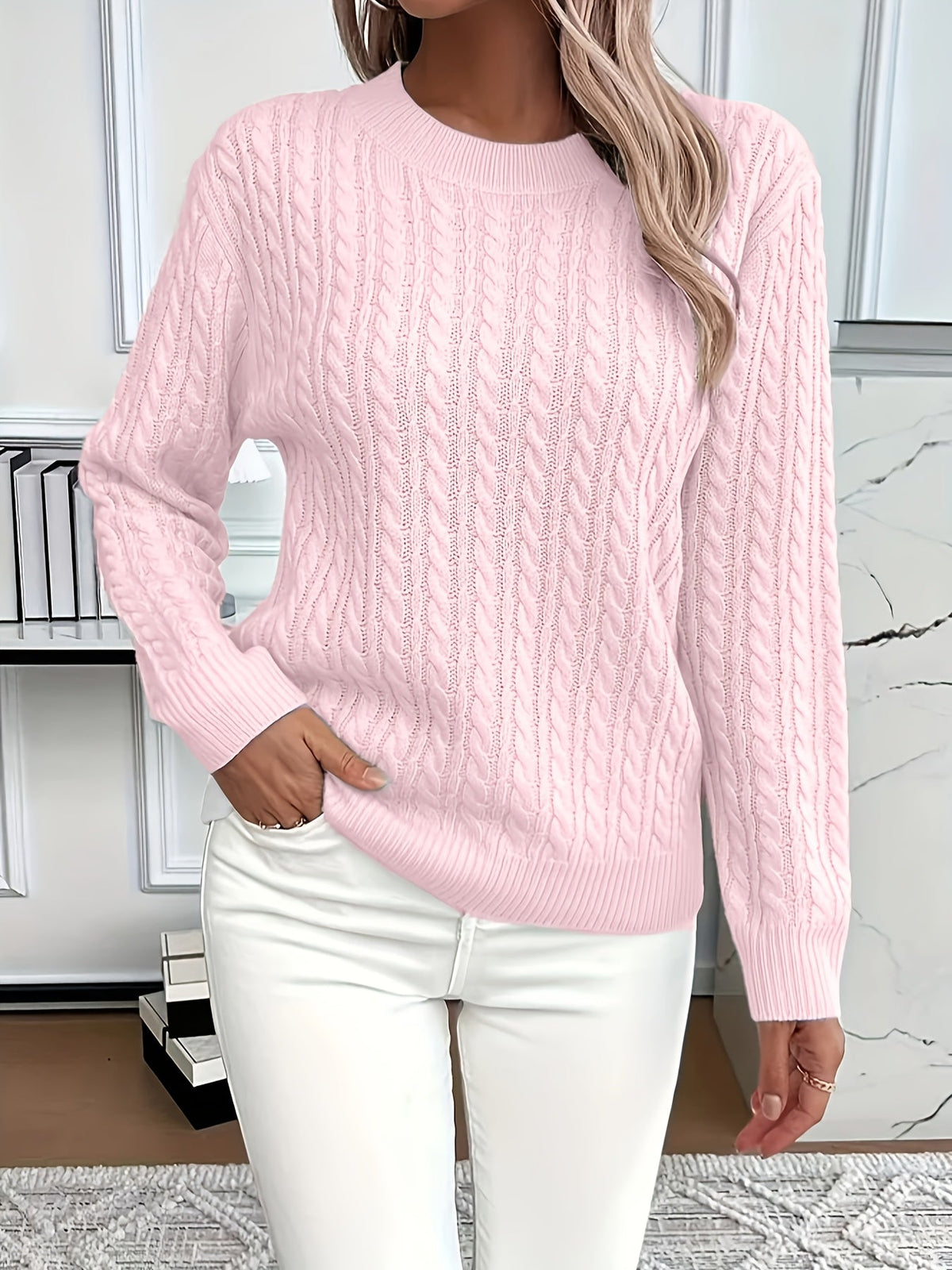 Women's Oversized Cable Knit Jumper - Pink, front view