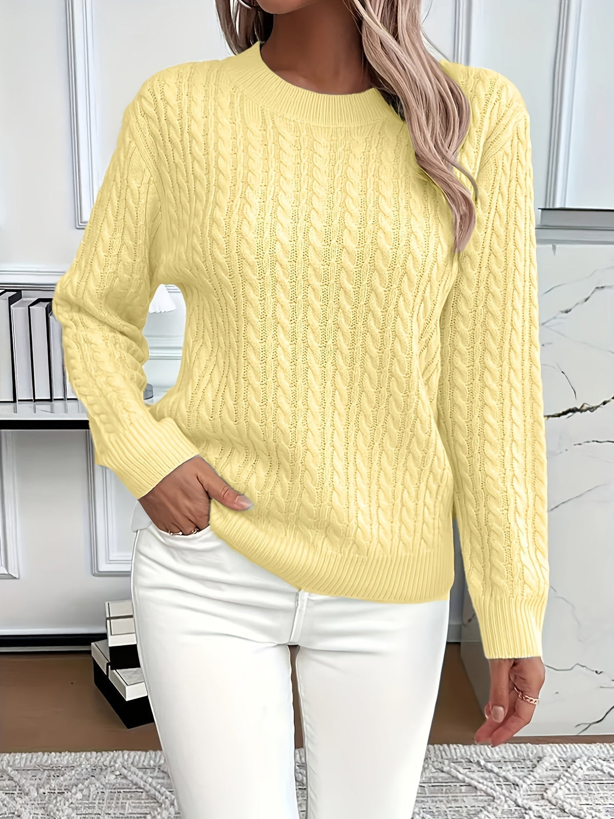 Women's Oversized Cable Knit Jumper - Yellow, front view