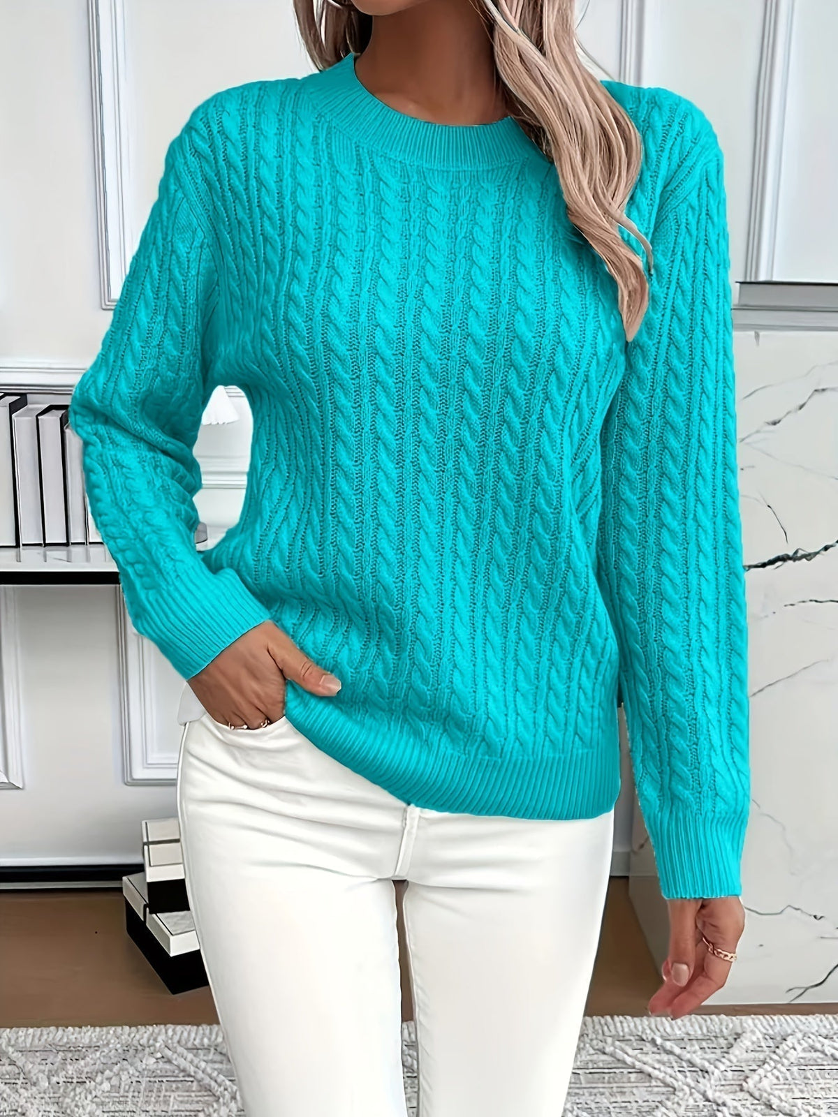 Women's Oversized Cable Knit Jumper - Turquoise, front view