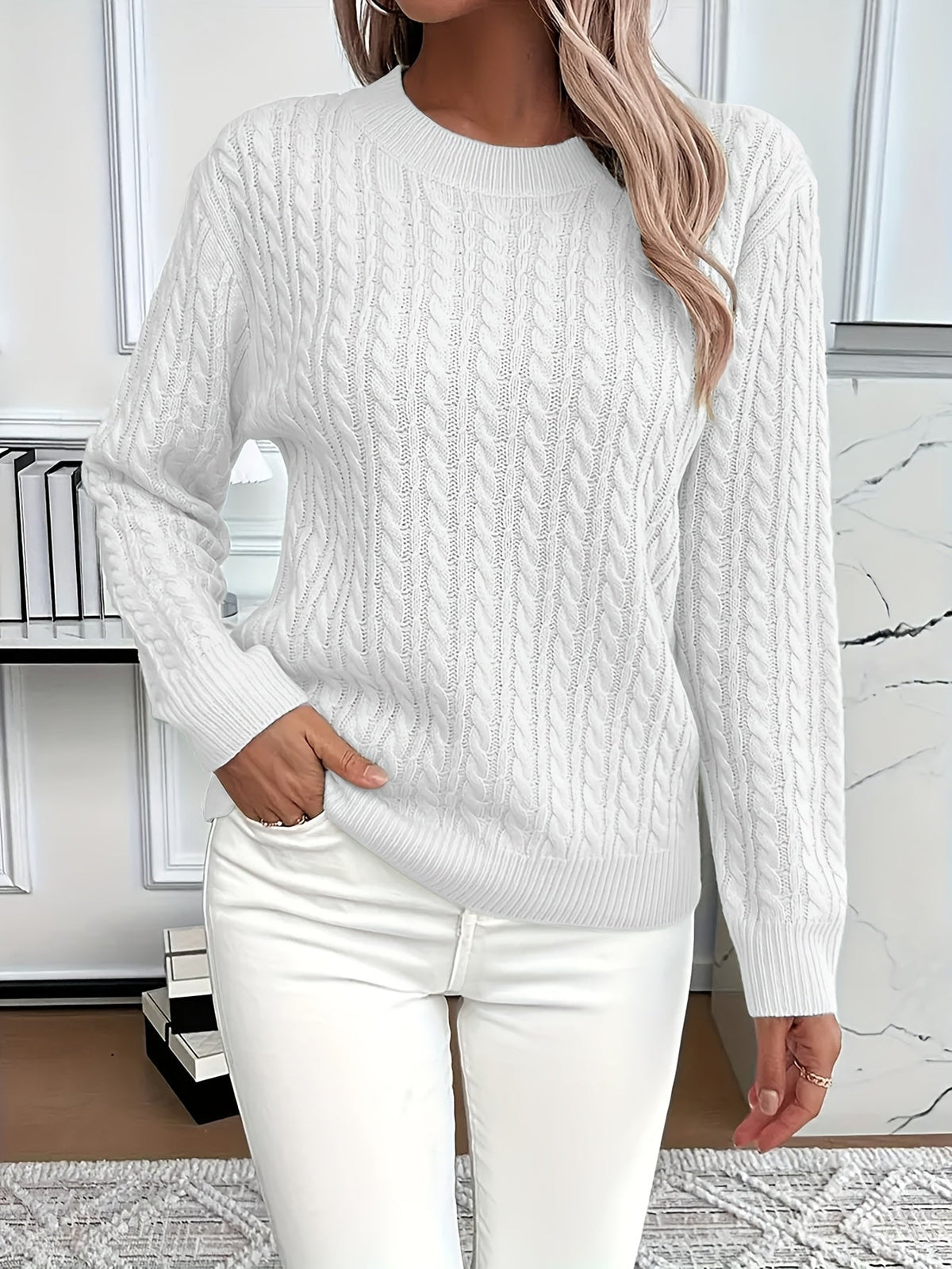 Women's Oversized Cable Knit Jumper - White, front view