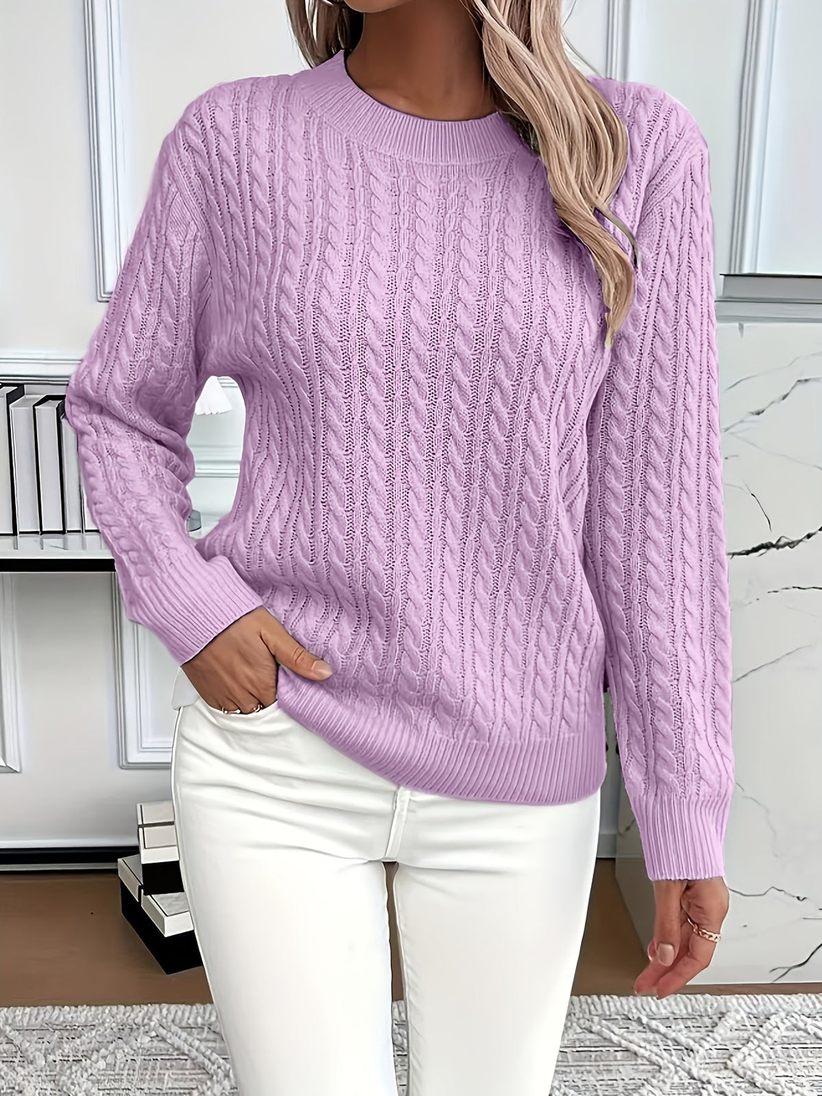 Women's Oversized Cable Knit Jumper - Purple, front view