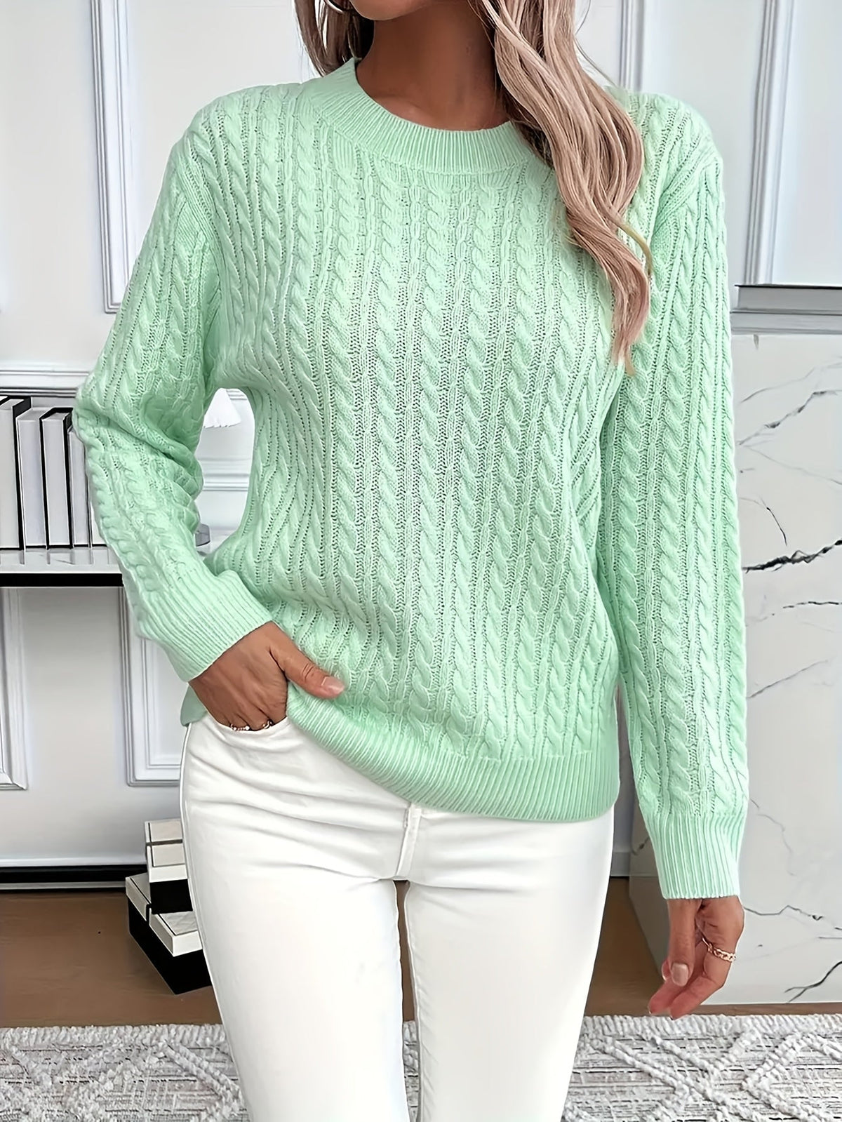 Women's Oversized Cable Knit Jumper - Light Green, front view