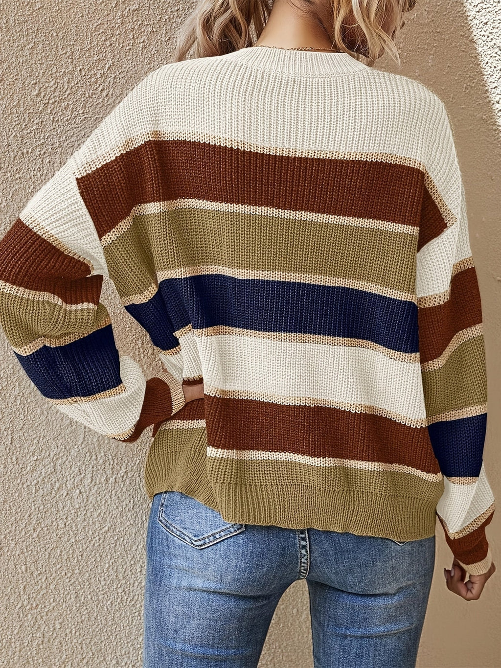 Women's Colour Block Stripe Jumper - Olive, detail view
