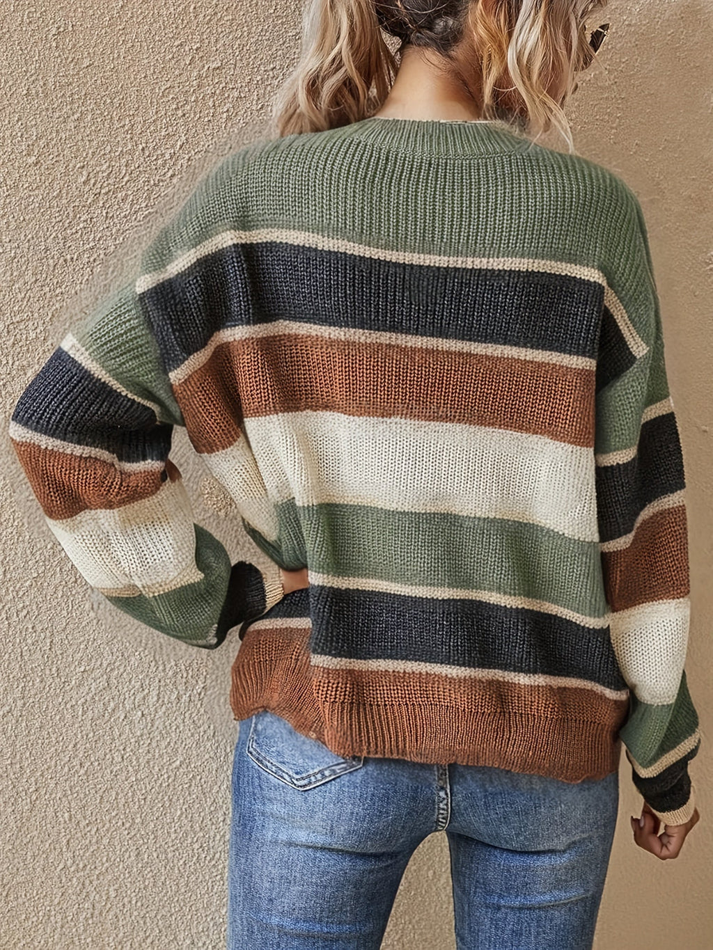 Women's Colour Block Stripe Jumper - Burgundy, detail view