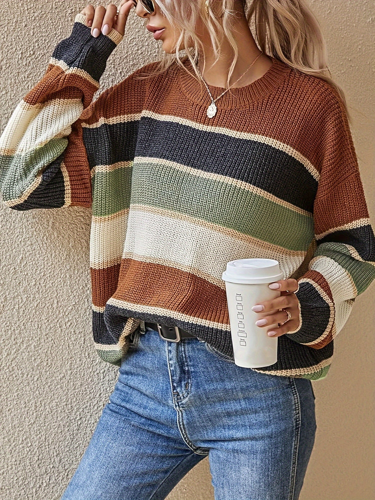 Women's Colour Block Stripe Jumper - Apricot, front view
