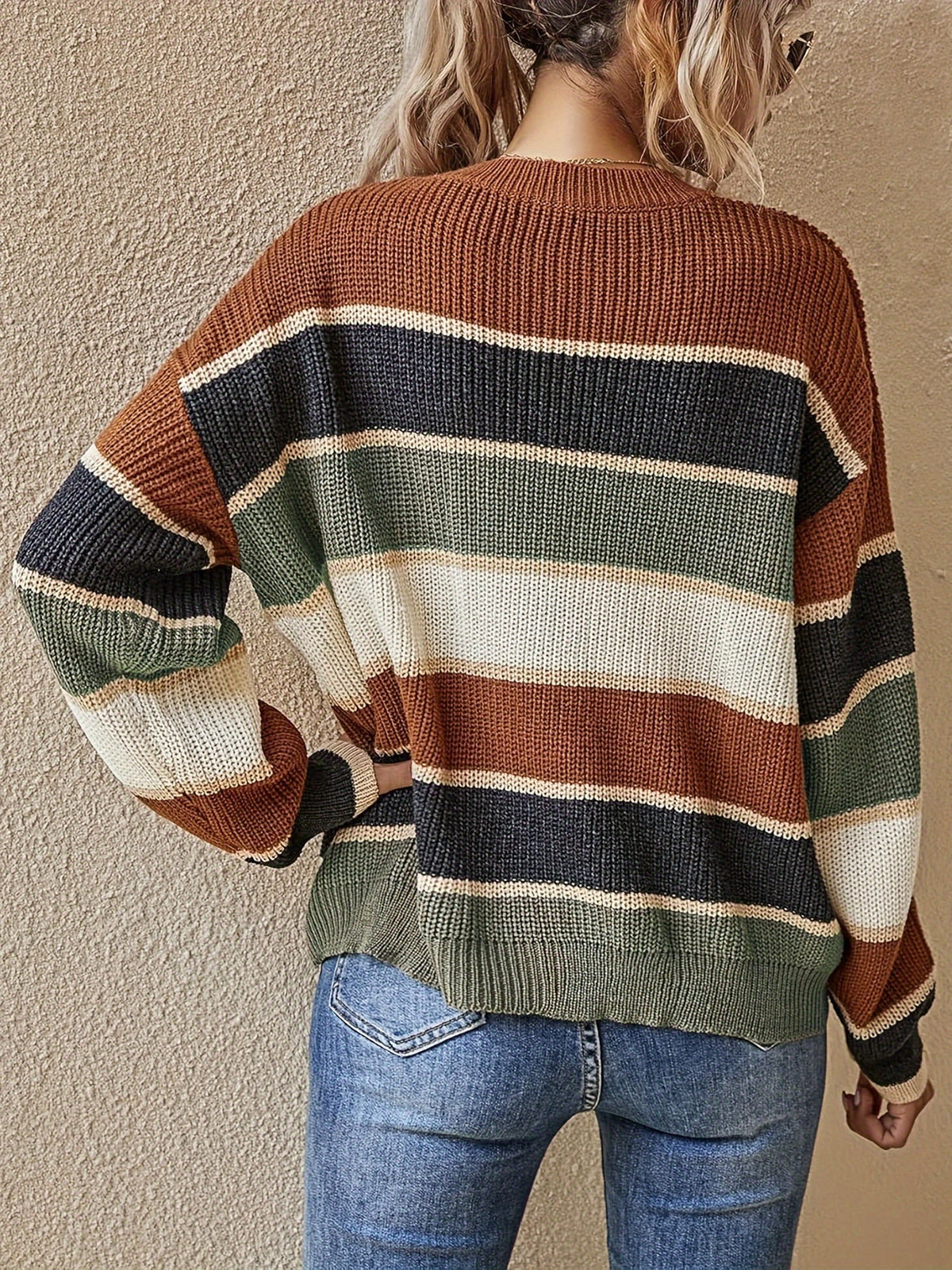 Women's Colour Block Stripe Jumper - Apricot, detail view