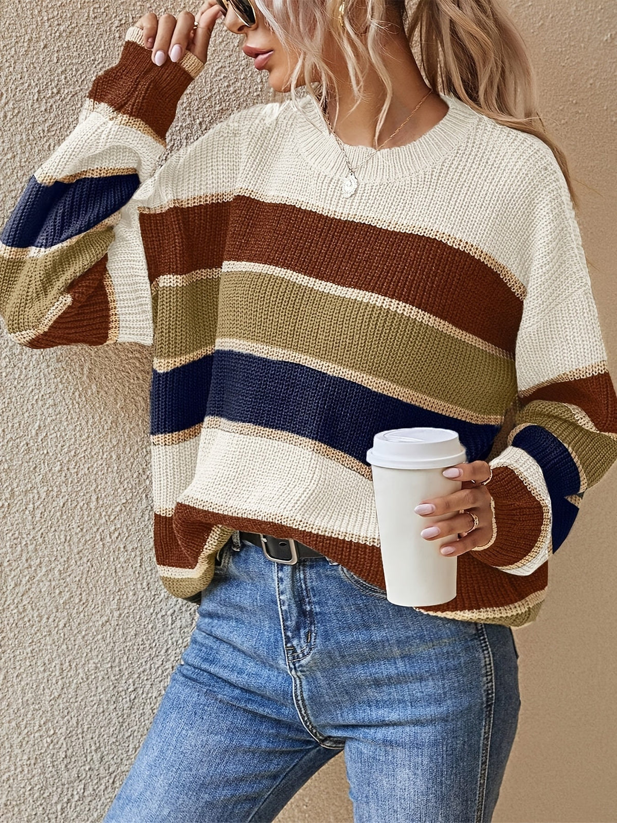 Women's Colour Block Stripe Jumper - Olive, front view