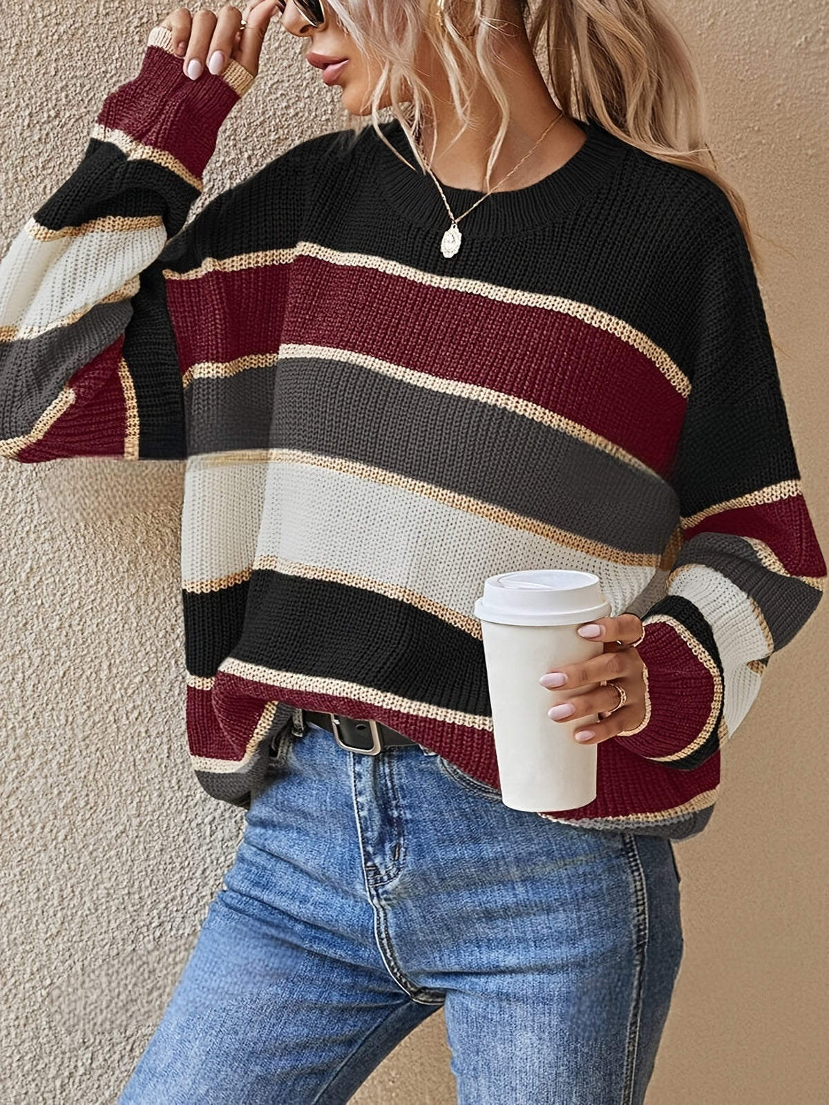 Women's Colour Block Stripe Jumper - Brown, front view