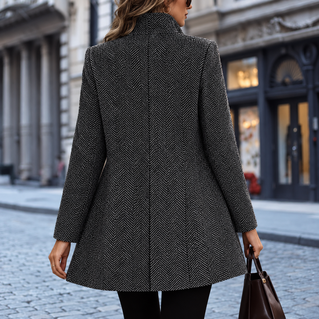 Women's Herringbone Wool Coat - Black, back view