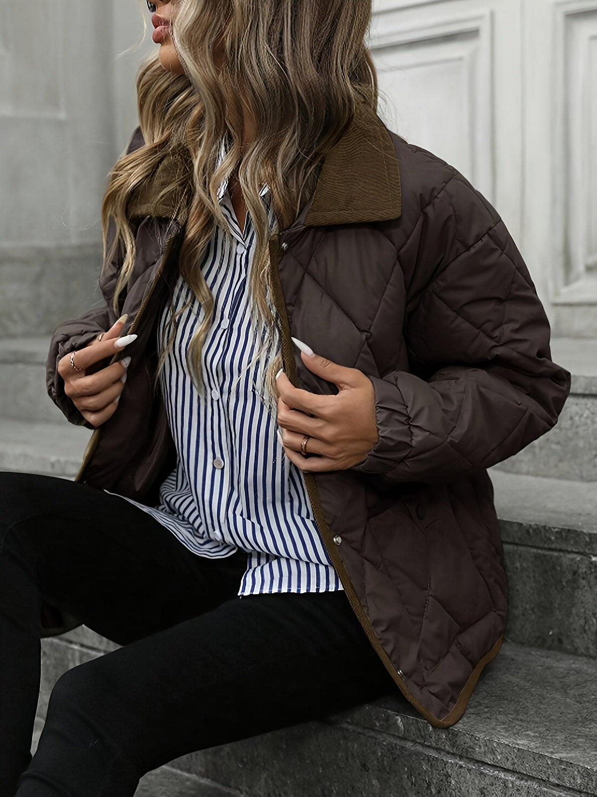 Women's Quilted Jacket - Brown, detail view
