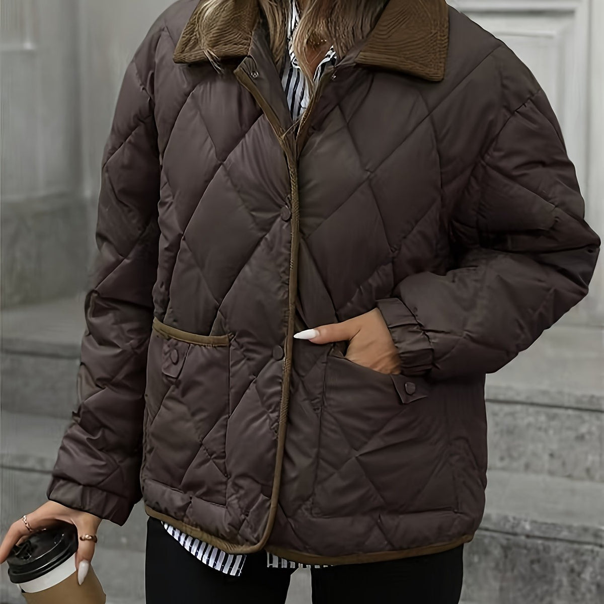 Women's Quilted Jacket - Brown, front view