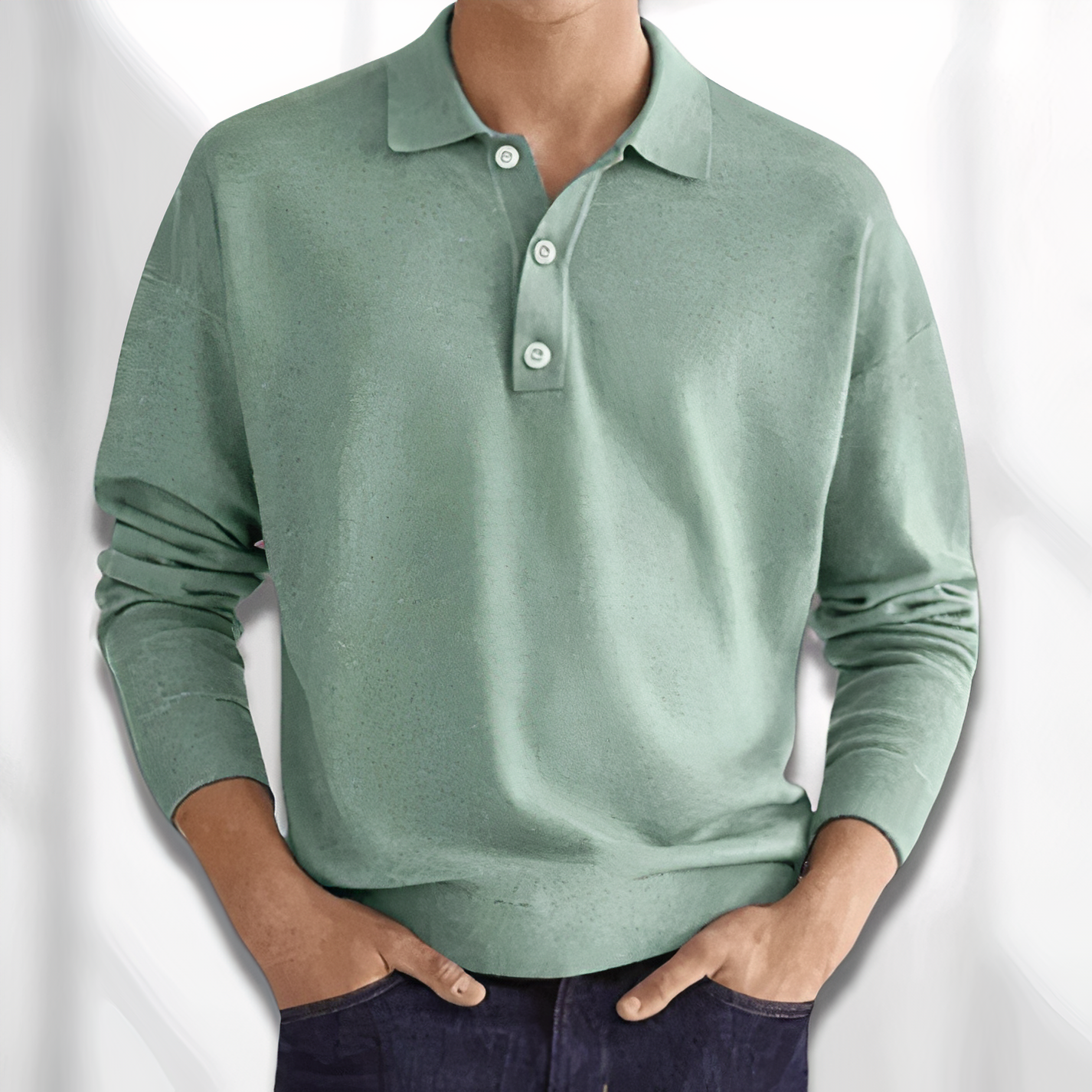 Men's Long Sleeve Knit Polo - Three-Button Placket - Light Green