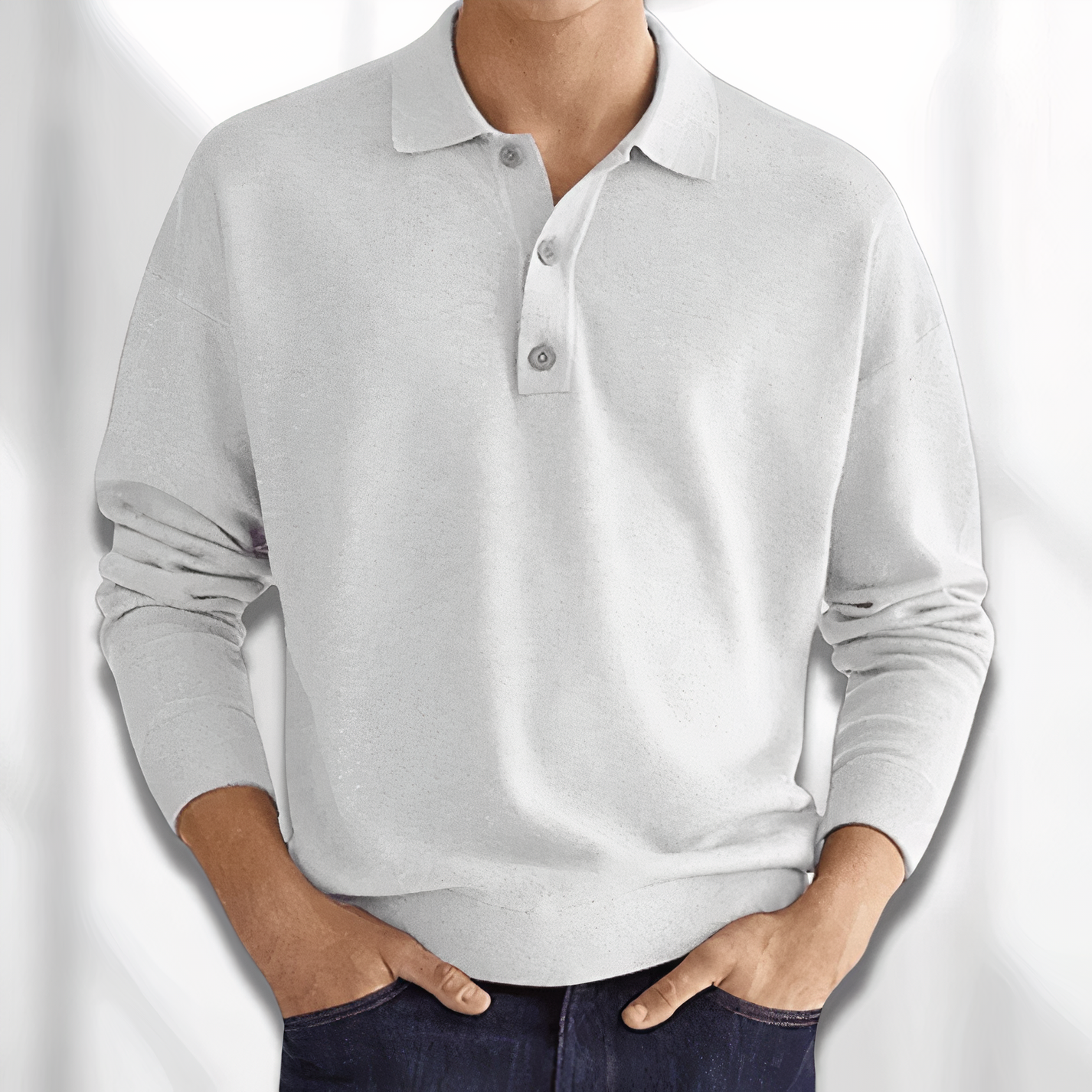 Men's Long Sleeve Knit Polo - Three-Button Placket - White