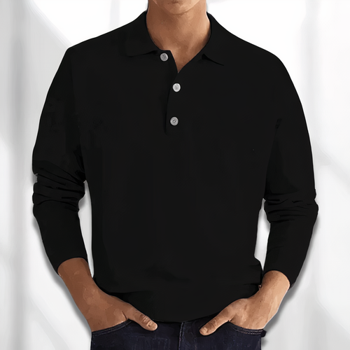 Men's Long Sleeve Knit Polo - Three-Button Placket - Black
