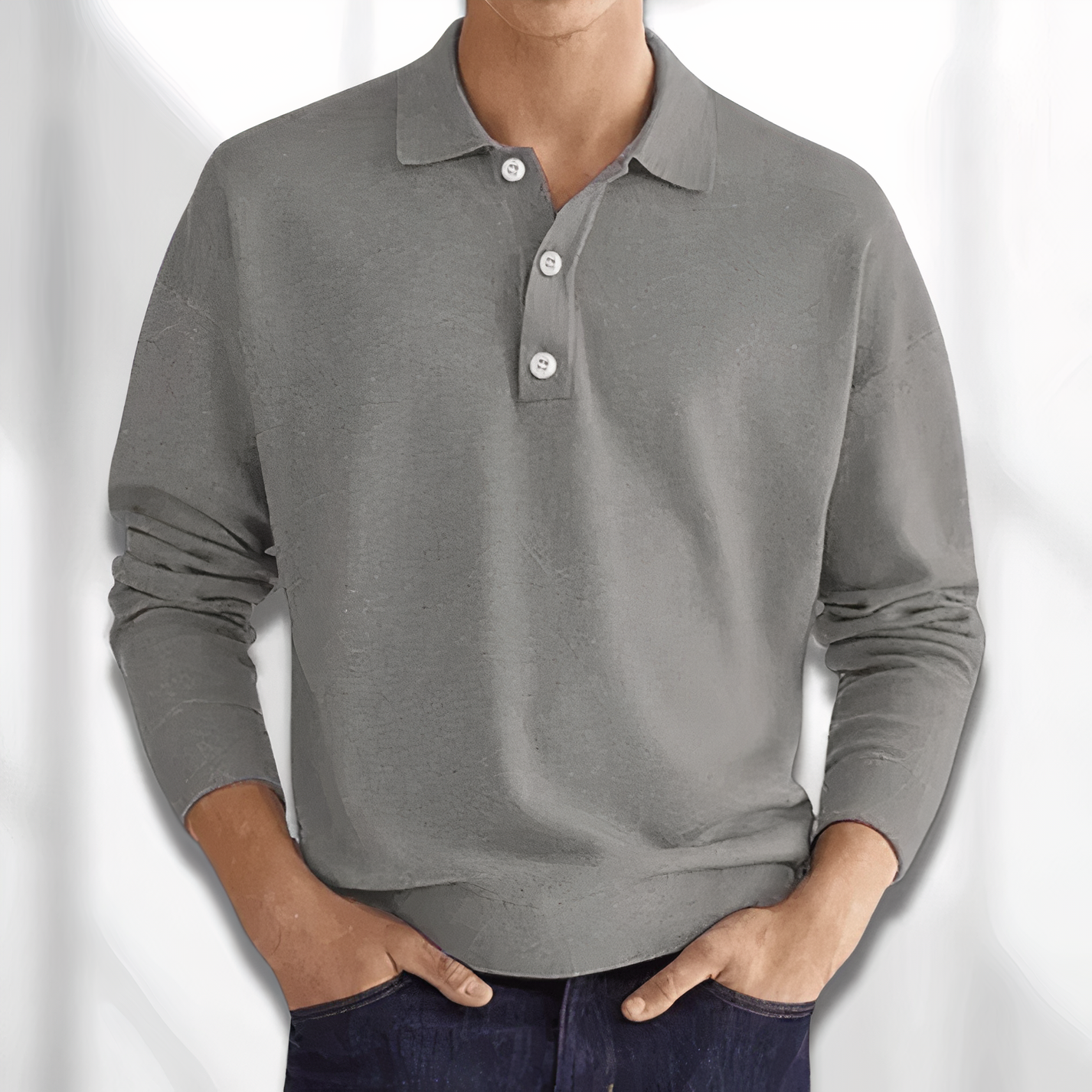 Men's Long Sleeve Knit Polo - Three-Button Placket - Grey
