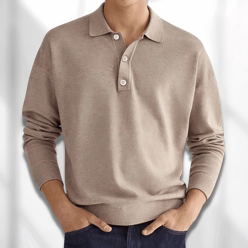 Men's Long Sleeve Knit Polo - Three-Button Placket - Khaki