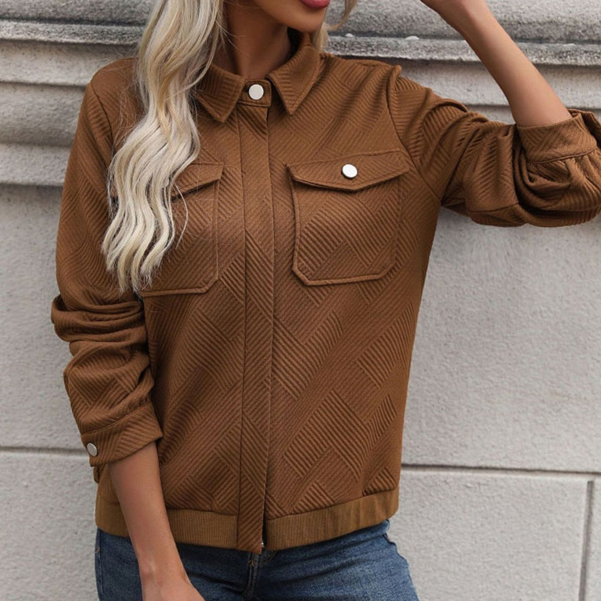 Women's Cropped Diamond Texture Jacket - Coffee Brown, back view