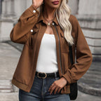 Women's Cropped Diamond Texture Jacket - Coffee Brown, detail view