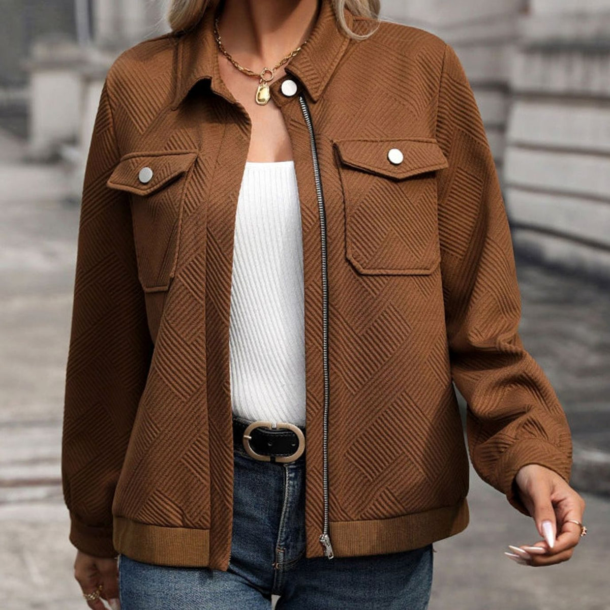 Women's Cropped Diamond Texture Jacket - Coffee Brown, front view