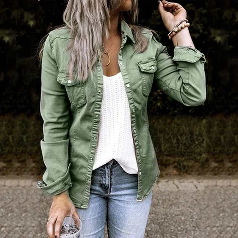 Women's Relaxed Denim Jacket - Green, front view