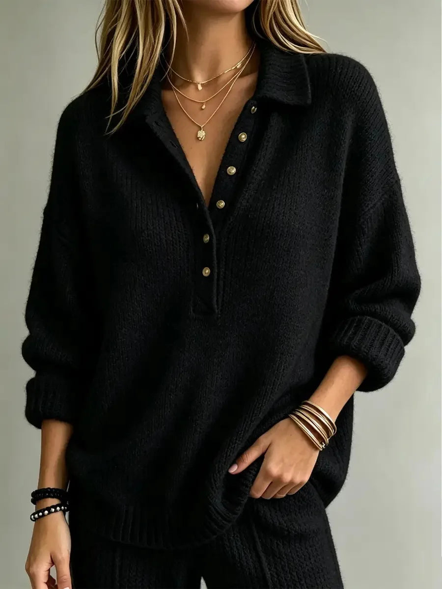 Women's Knit Polo Jumper - Black, front view