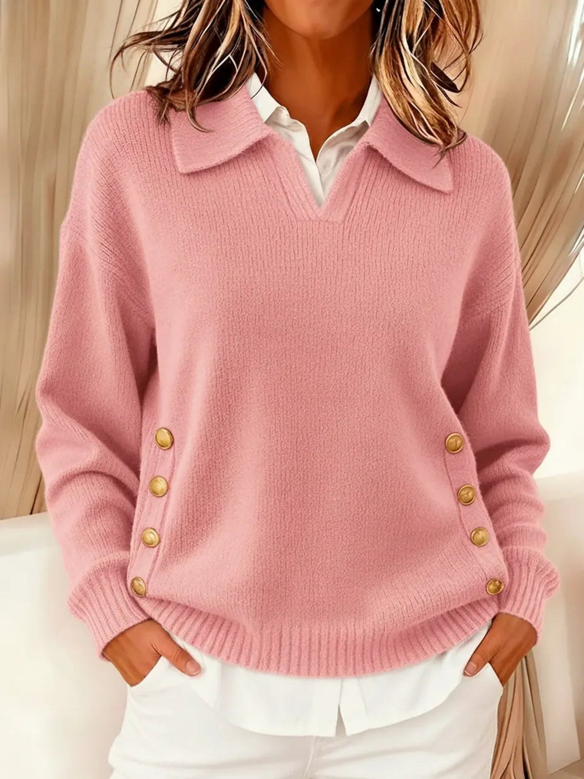 Women's Polo Collar Knit Jumper - Pink, front view