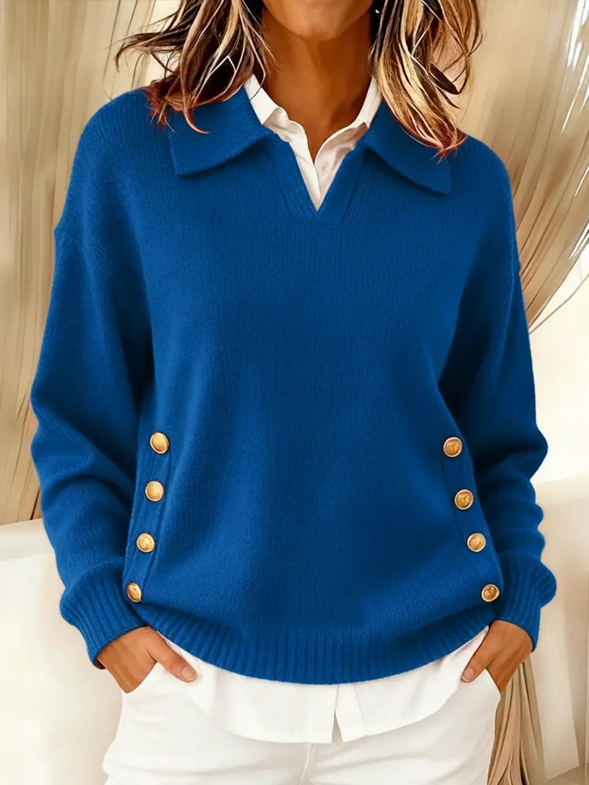 Women's Polo Collar Knit Jumper - Blue, front view