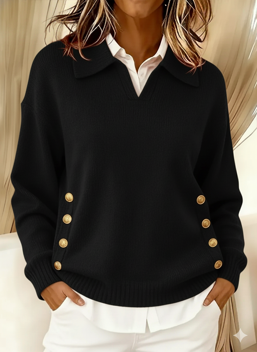 Women's Polo Collar Knit Jumper - Black, front view