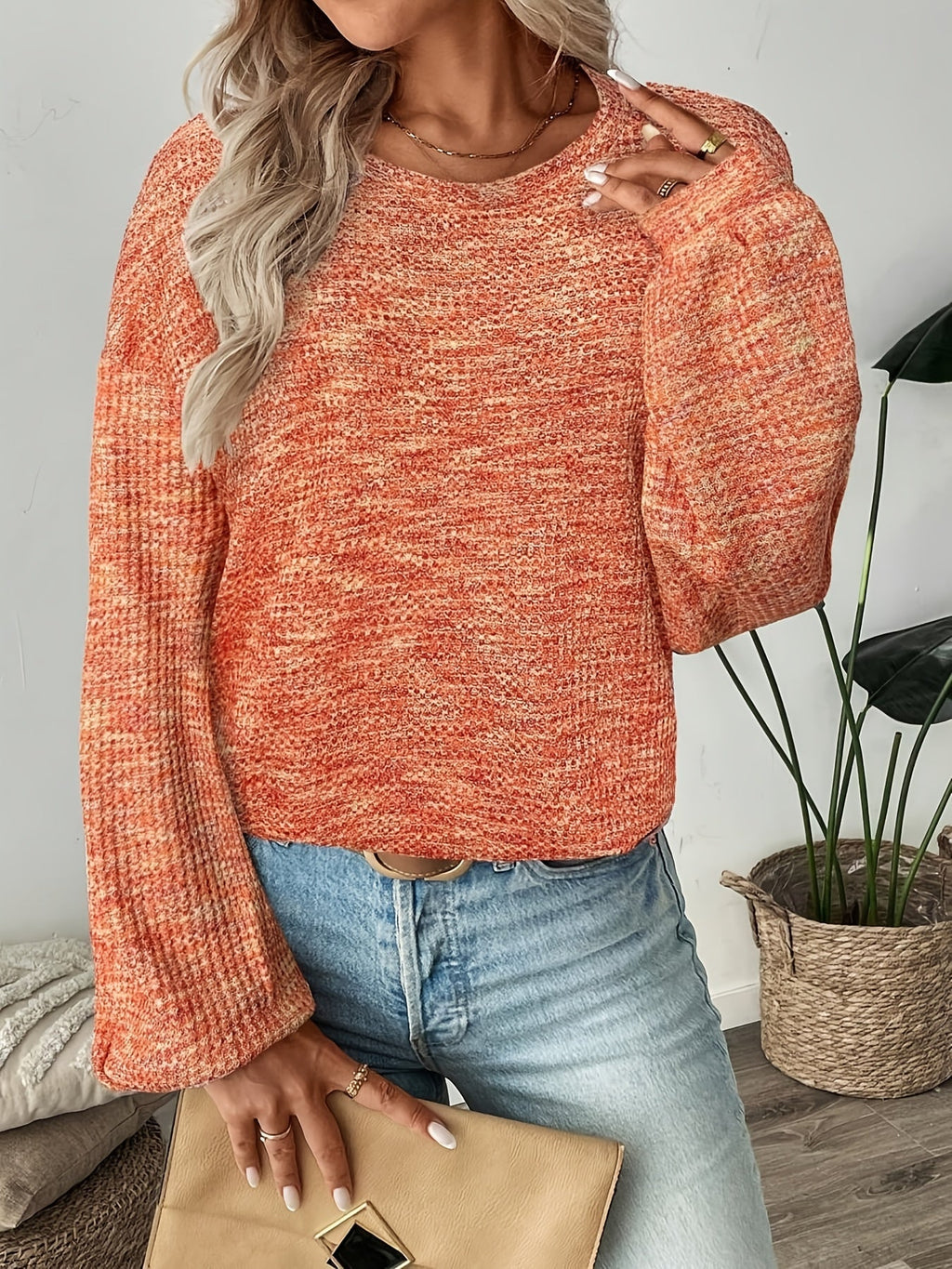 Women's Waffle Knit Jumper - Burnt Orange, detail view
