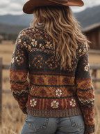 Women's Retro Floral Knit Cardigan - Multicolour, detail view
