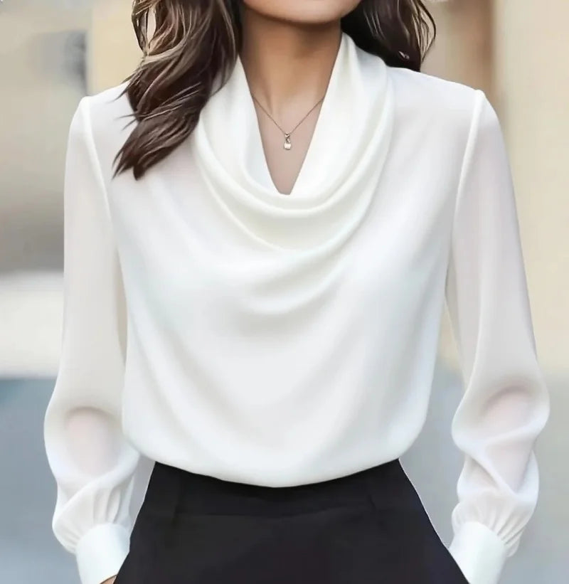 Women's Satin Cowl Neck Blouse - Gathered Cuffs - White