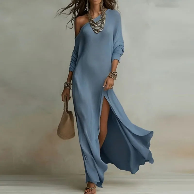 Women's Asymmetric One-Shoulder Maxi Dress - High Slit - Blue