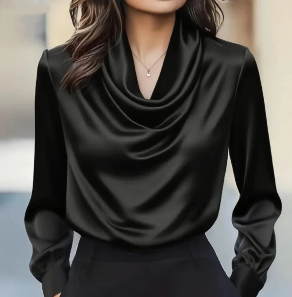 Women's Satin Cowl Neck Blouse - Gathered Cuffs - Black
