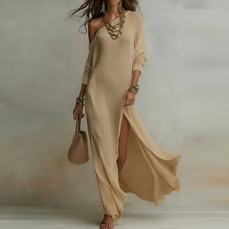 Women's Asymmetric One-Shoulder Maxi Dress - High Slit - Khaki