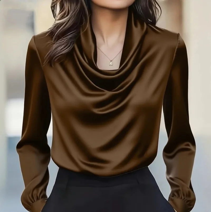 Women's Satin Cowl Neck Blouse - Gathered Cuffs - Dark Brown