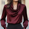 Women's Satin Cowl Neck Blouse - Gathered Cuffs - Burgundy