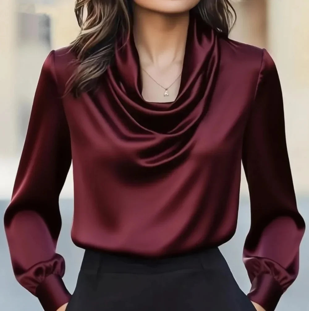 Women's Satin Cowl Neck Blouse - Gathered Cuffs - Burgundy