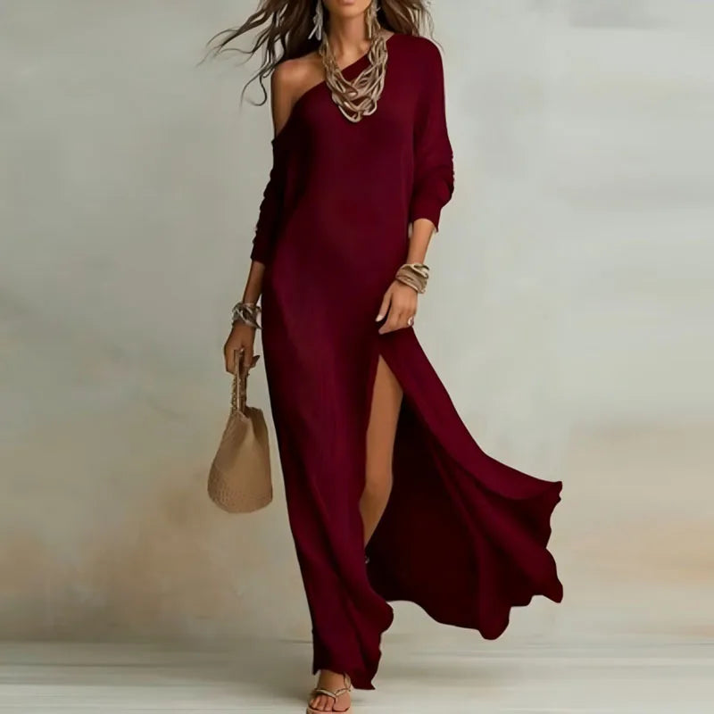 Women's Asymmetric One-Shoulder Maxi Dress - High Slit - Wine Red