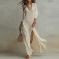 Women's Asymmetric One-Shoulder Maxi Dress - High Slit - White