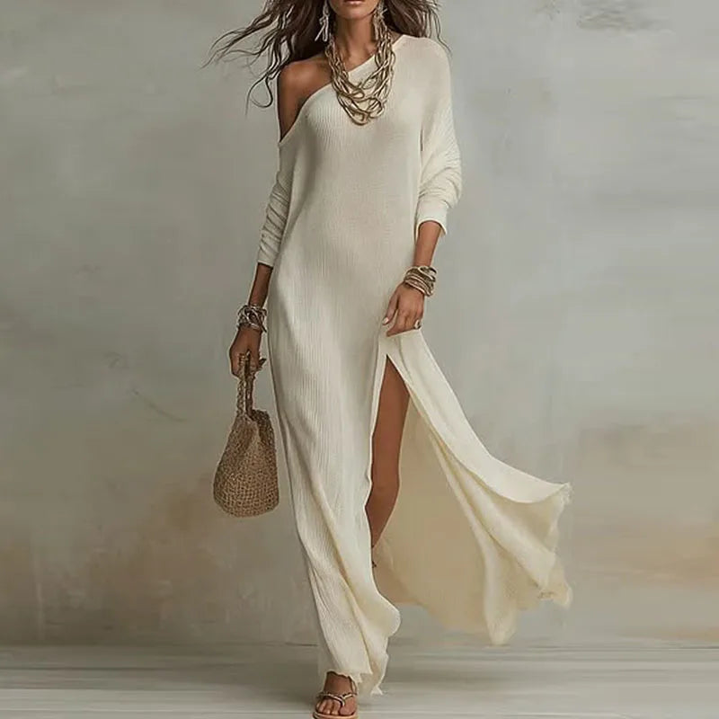 Women's Asymmetric One-Shoulder Maxi Dress - High Slit - White