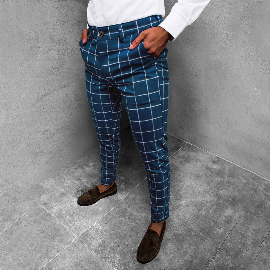 Men's Windowpane Check Tapered Trousers with Button Closure - Blue with white check