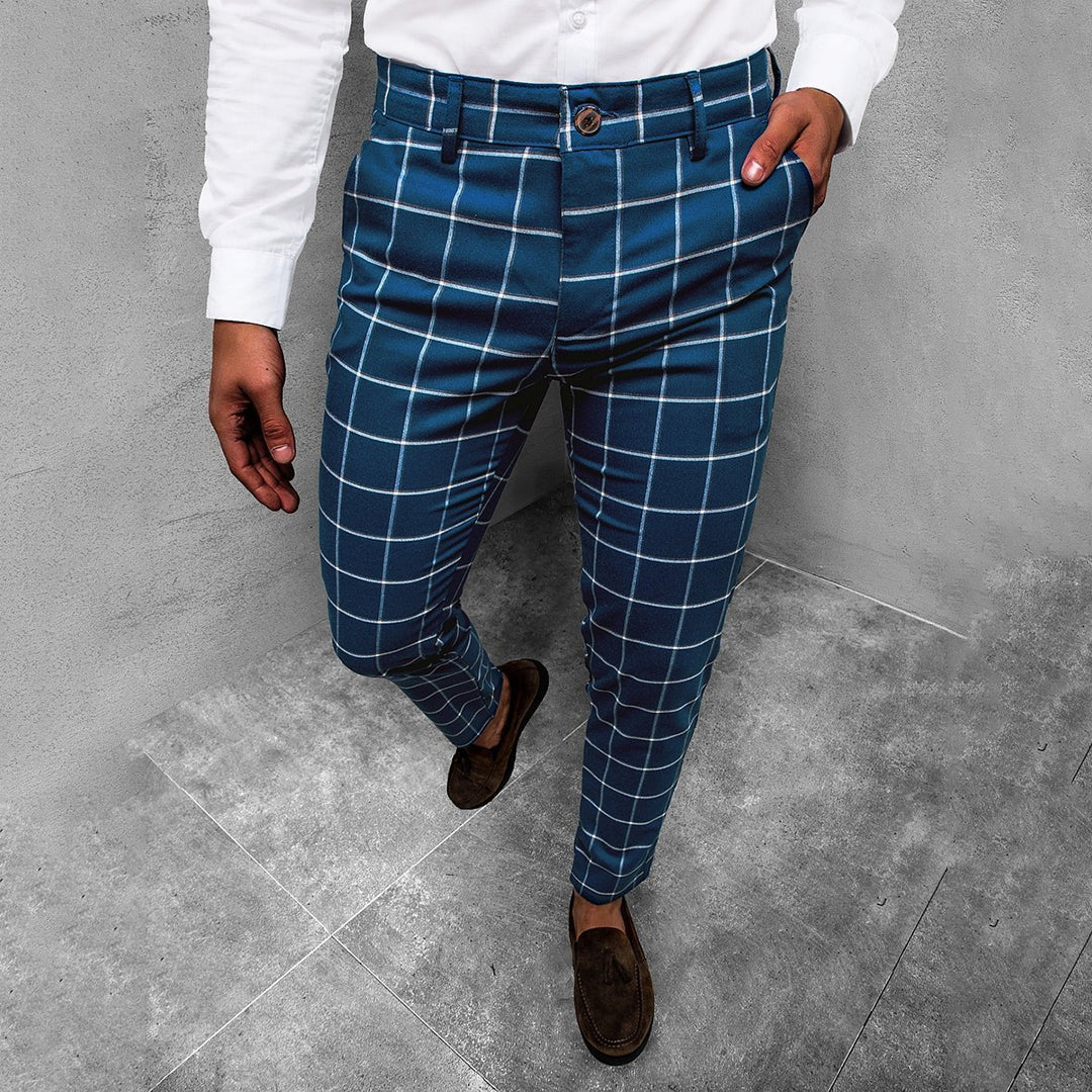 Men's Windowpane Check Tapered Trousers with Button Closure - Blue, waistband detail