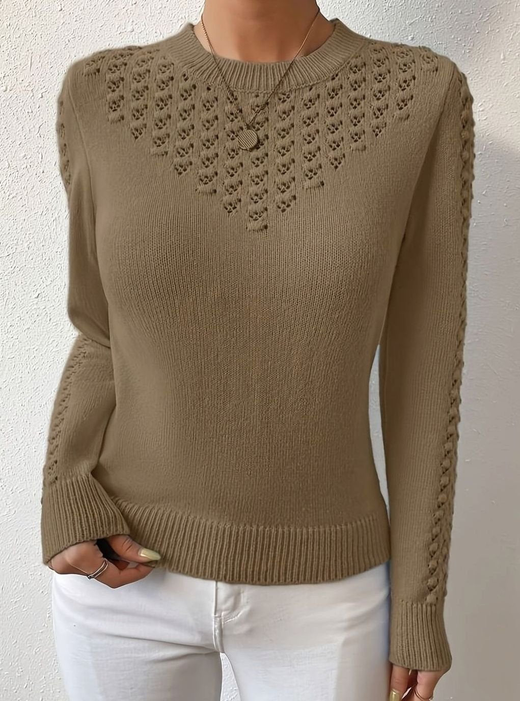 Women's Pointelle Knit Jumper - Brown, front view