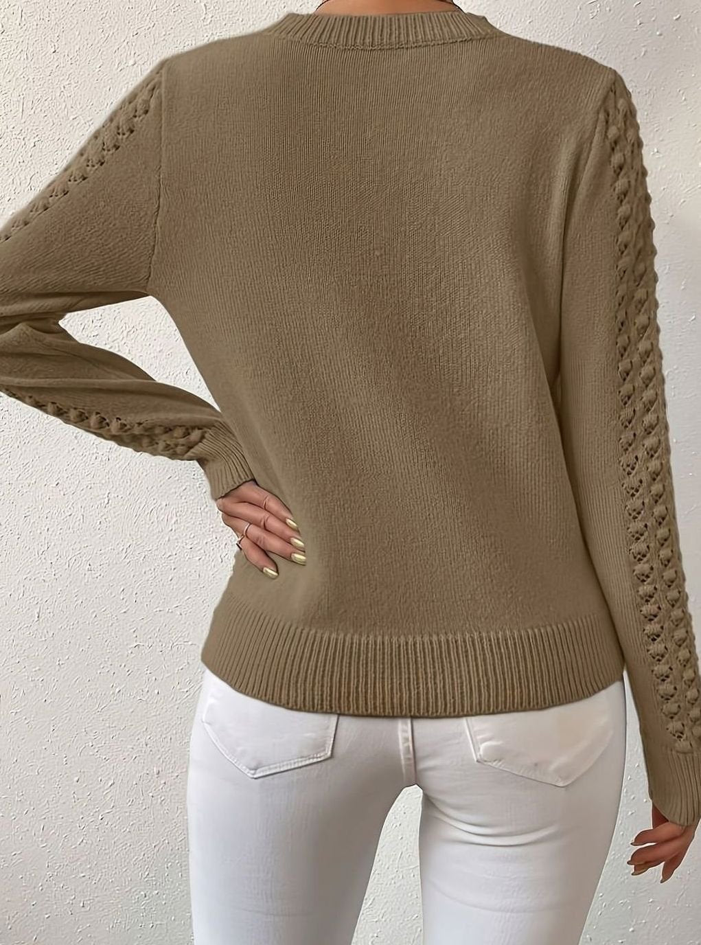 Women's Pointelle Knit Jumper - Brown, detail view