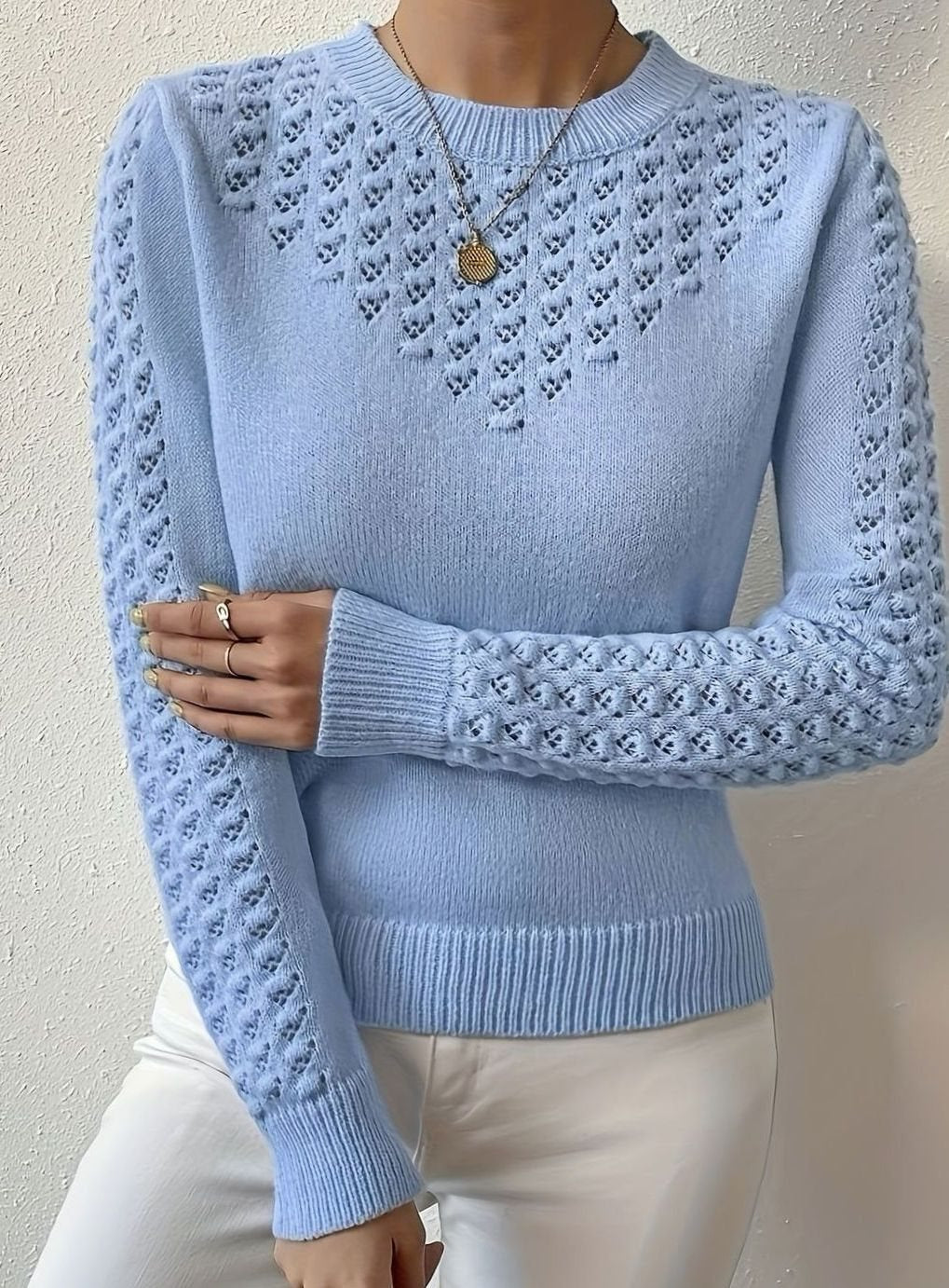 Women's Pointelle Knit Jumper - Light Blue, front view