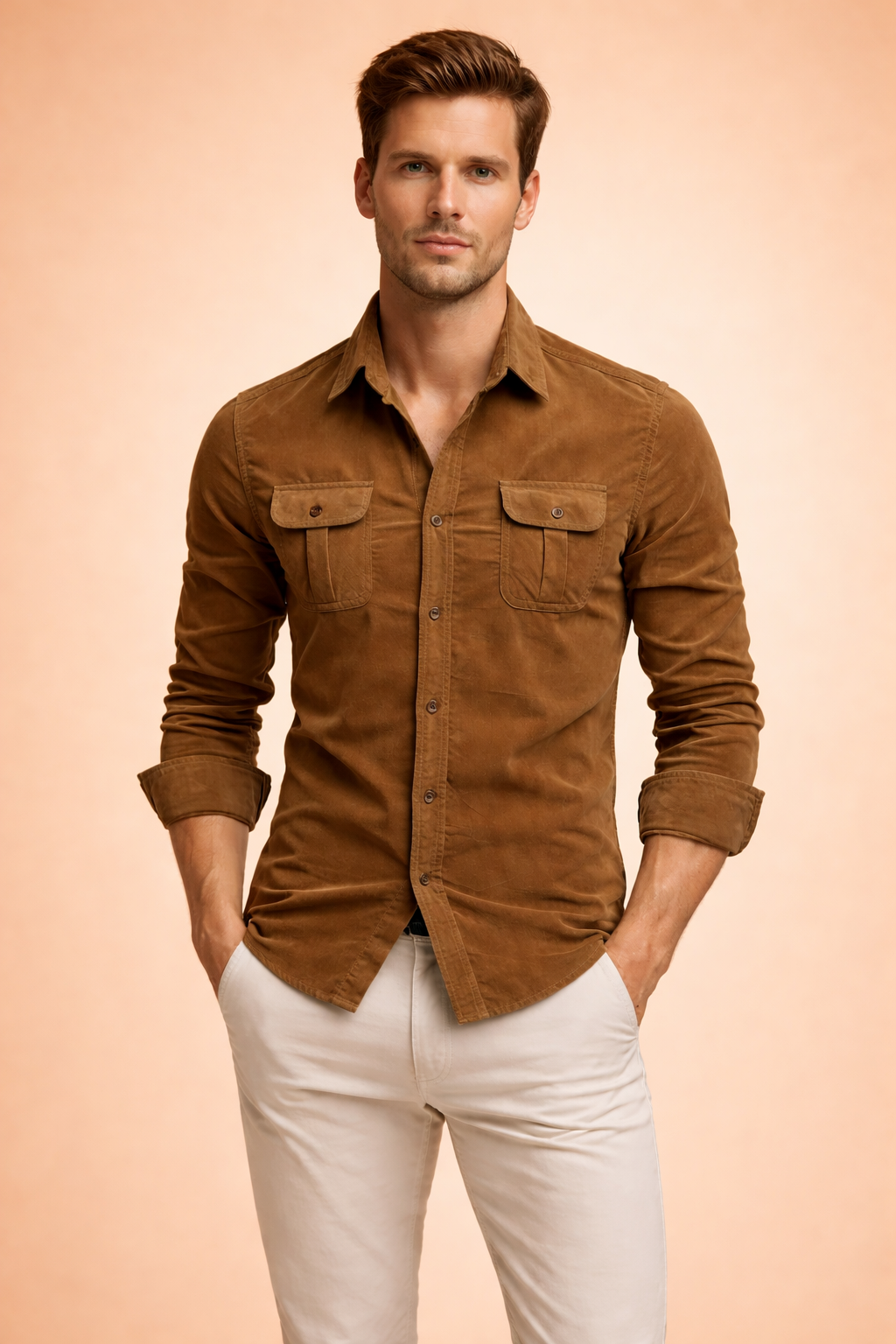 Men's Corduroy Long Sleeve Shirt - Flap Chest Pockets - Brown