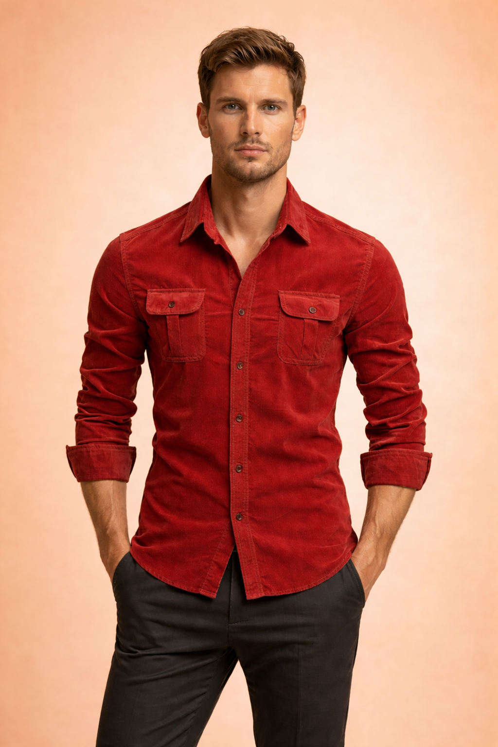 Men's Corduroy Long Sleeve Shirt - Flap Chest Pockets - Red