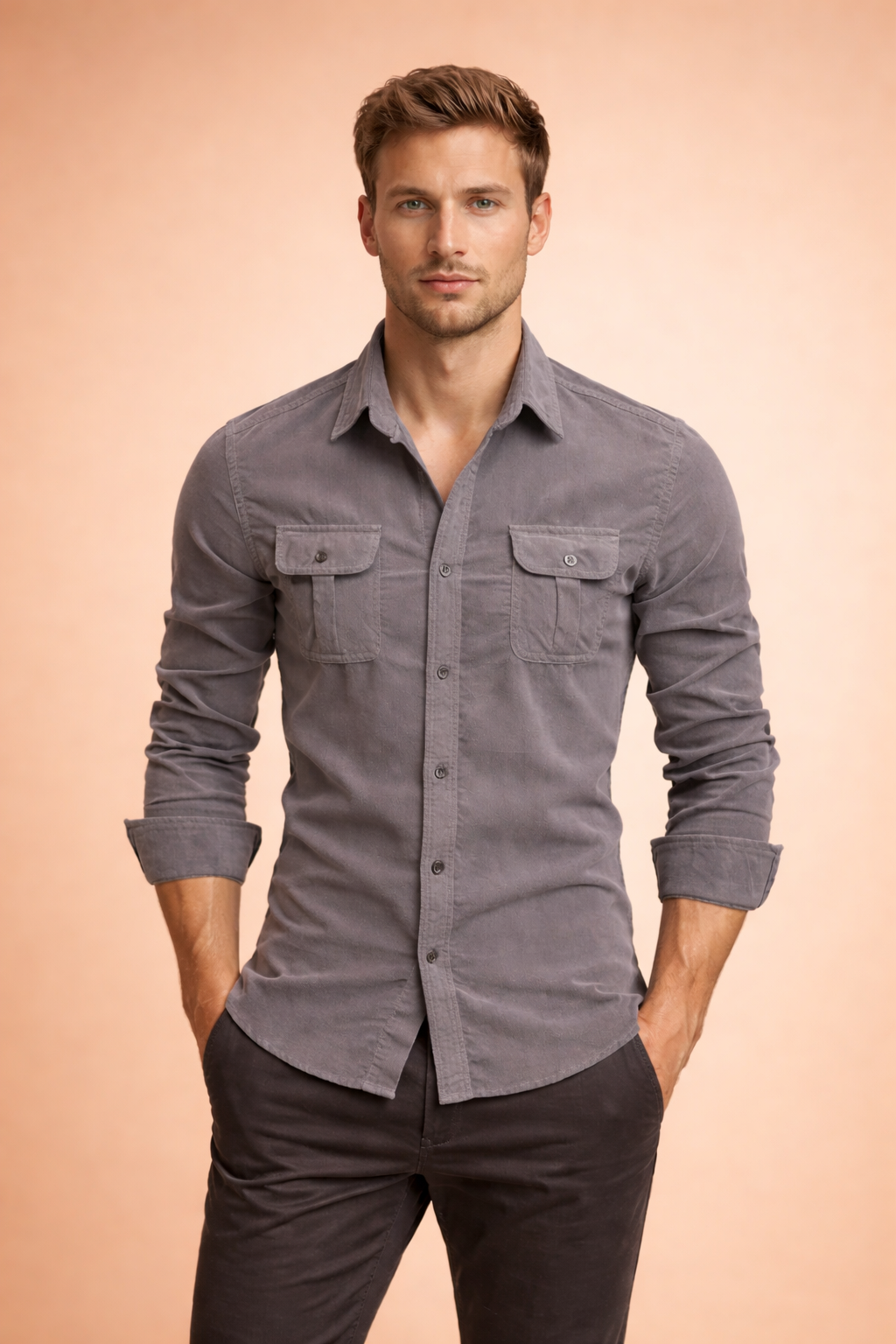 Men's Corduroy Long Sleeve Shirt - Flap Chest Pockets - Grey