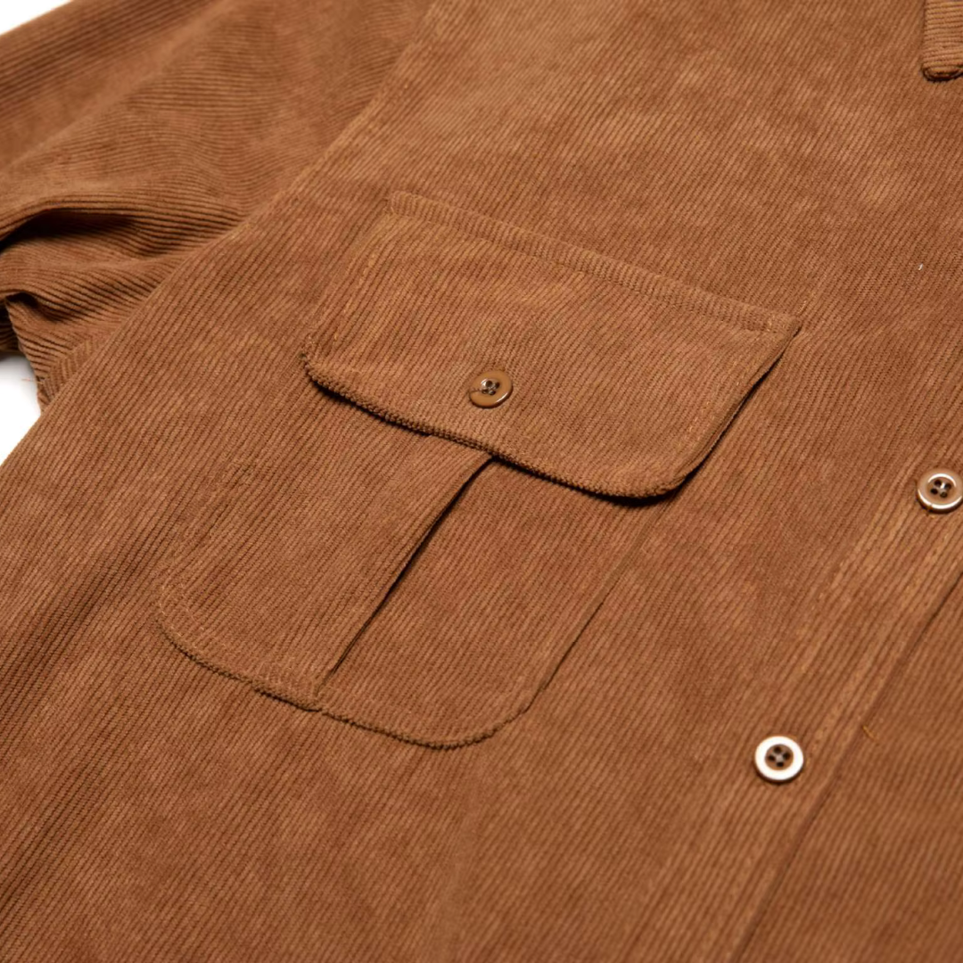 Men's Corduroy Long Sleeve Shirt - Flap Chest Pockets - Brown fabric and pocket detail