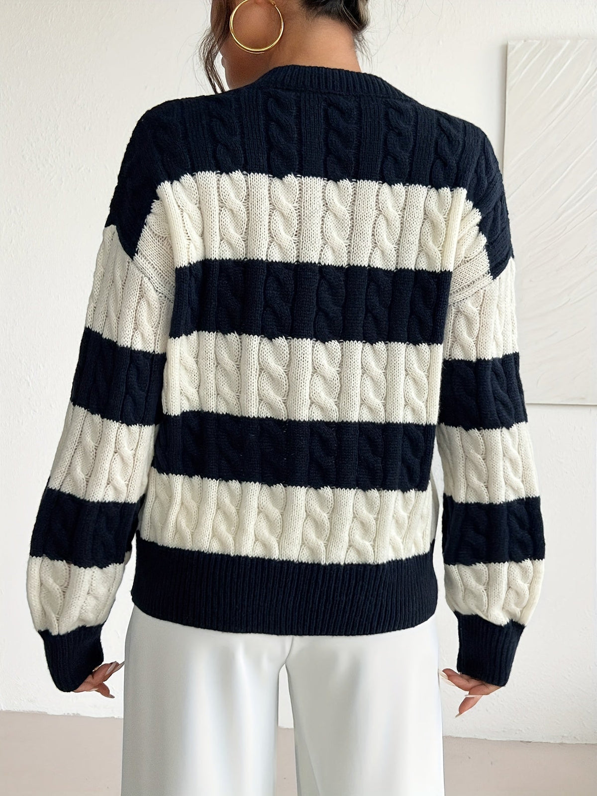 Women's Striped Cable Knit Jumper - Navy/Cream, detail view